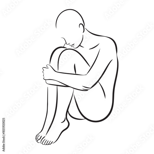 Minimalist black line art of a person curled up in a fetal position abstract black and white