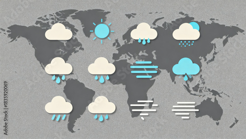 Dynamic global weather forecast icons showing sun rain and wind patterns overlaid on a textured world map background