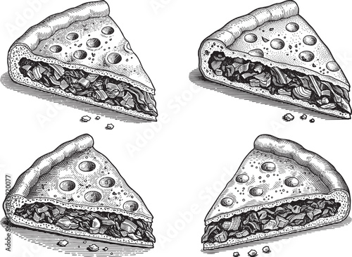 Croatian Soparnik Chard Pie Triangle Slice Vintage Engraved Savory Pastry Icon Set with Rustic Layered Filling Texture