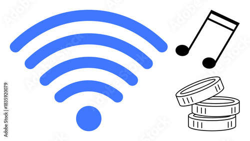 Music streaming, wireless connectivity, digital payment, technology, online entertainment, financial exchange. Visual includes wireless signal, music note and coins. Music streaming and wireless