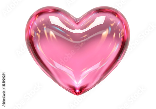 Vibrant pink glossy glass heart 3d render with shimmering reflections, perfect for love and romance.
