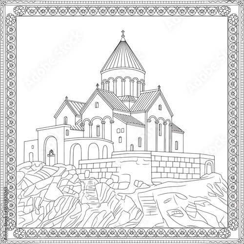 Ancient monastery on hill line art for coloring page