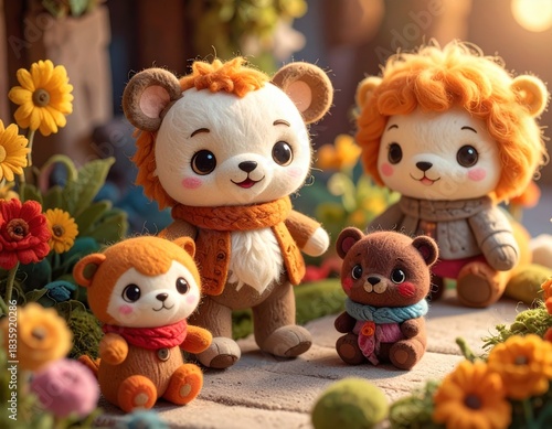 Plush lion family with flowers