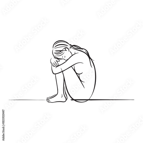 Minimalist line art of a woman curled up in a fetal position female person