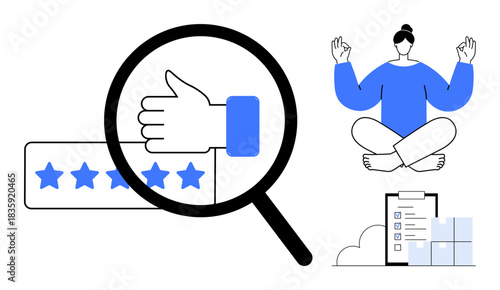 Customer satisfaction, quality control, workplace balance, mindfulness, service review, productivity. Thumbs-up icon with a magnifying glass, meditating woman and checklist. Customer satisfaction