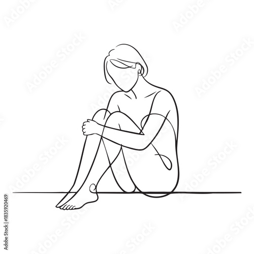 Minimalist line art of a woman sitting curled up on a white background drawing sketch