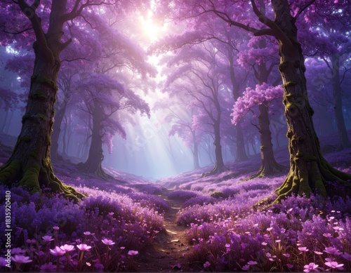 Purple forest path sunlight trees flowers