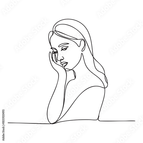 Minimalist single line drawing of a pensive woman's face resting on her hand line art