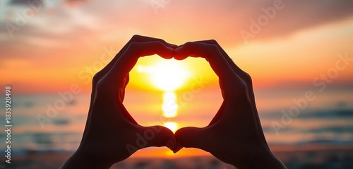 Silhouetted hands forming heart shape against vibrant sunset beach blur,  love,  romance