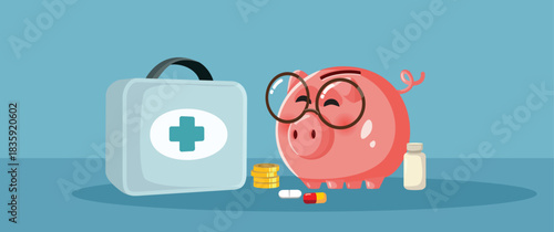 Expensive Medical Insurance Vector Concept Illustration with Piggy Bank. Funny conceptual design about medical care affordability     
