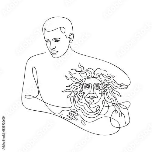 Single line drawing of a man embracing a sun face with flowing hair abstract black and white
