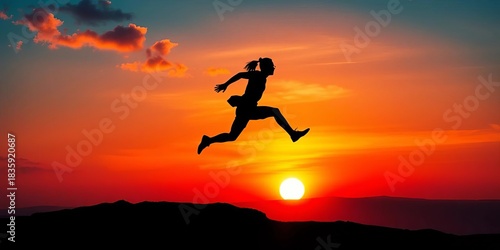 Wallpaper Mural Silhouette of a leaping figure against a vibrant sunset, symbolizing business risk,  vision,  adversity Torontodigital.ca