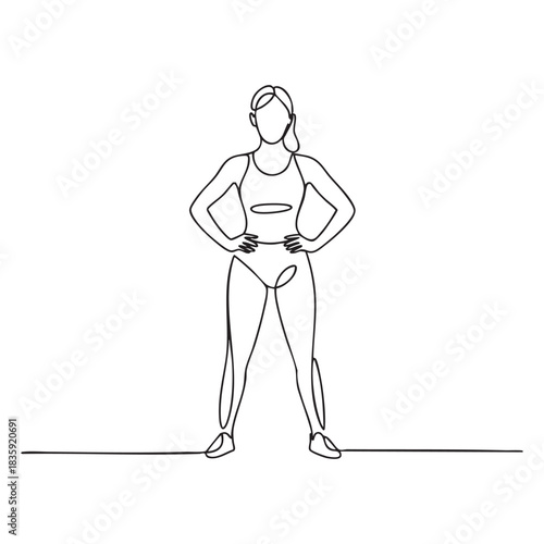 One line drawing of a woman in athletic wear with hands on hips female sportswear