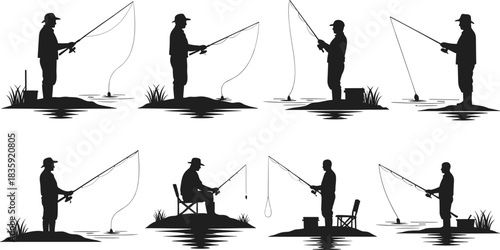 Fishing silhouette illustration set, outdoor angler poses, sitting and standing icons, nature activity vector, fisherman graphic design bundle