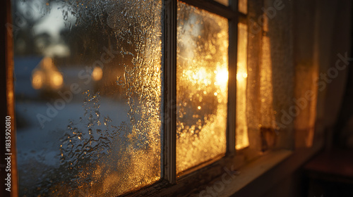 Frosted window glass illuminated by warm golden sunlight during sunset creating cozy and peaceful atmosphere inside rustic cabin room with soft shadows