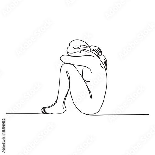 Single line drawing of a person curled up in a fetal position line art human 1