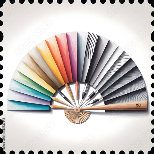 Colorful fan of paper swatches showing gradient hues and patterns for creative design