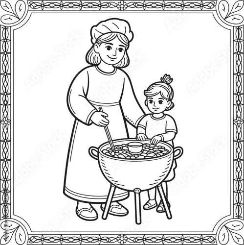 cooking Mom and girl in pot coloring page line art