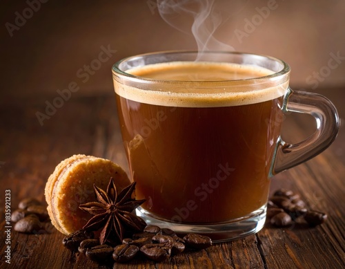 Steaming coffee with macaron and anise