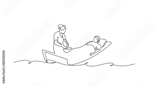 Continuous line A female doctor treats a young male patient in bed and talks to an Asian male patient at the hospital bedside in a hospital emergency room.