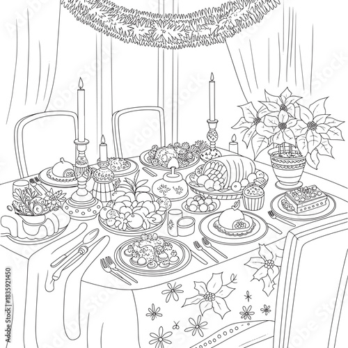 Detailed holiday dinner table set for festive feast