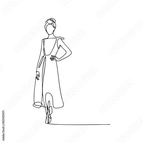 Single line drawing of a woman in a flowing dress with hair in a bun line art sketch