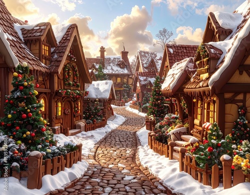 Snowy village street winter holiday scene