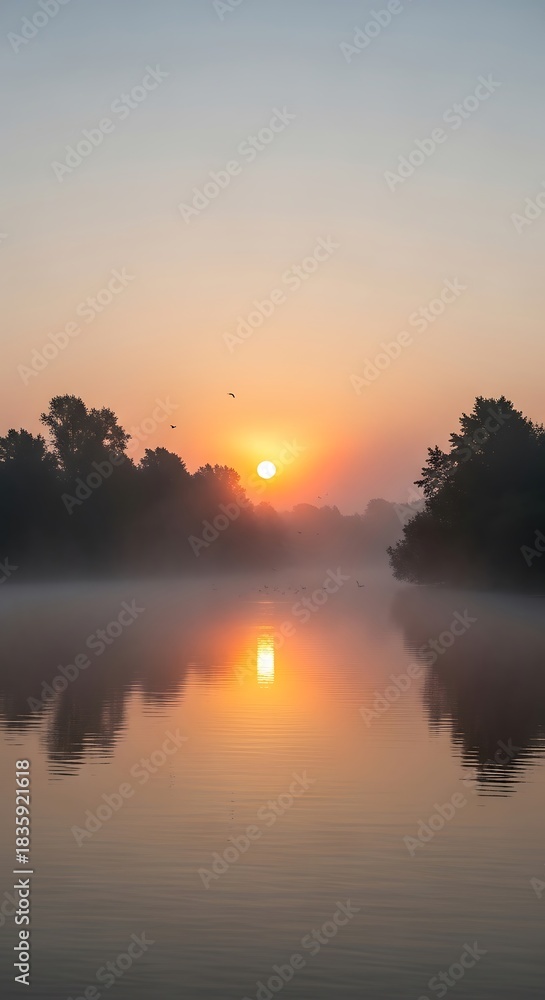 Naklejka premium Sunrise Over Misty River with Silhouetted Trees.