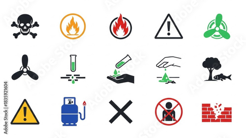 Toxic, Flammable, Corrosive and Environmental Hazard Vector Icons