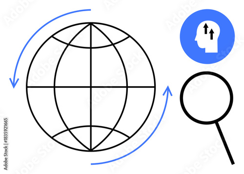 Global search concept. A globe, magnifying glass, and human mind symbol worldwide exploration, research, and innovation. Global search supports knowledge, ideas data analysis and progress. Use in
