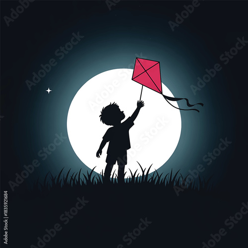 dream haigh Silhouette of a child flying a kite under a bright moonlit sky