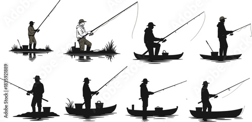 Fishing silhouette illustration set, anglers on shore and boat, casting rod poses, outdoor activity vector, hobby graphic design bundle