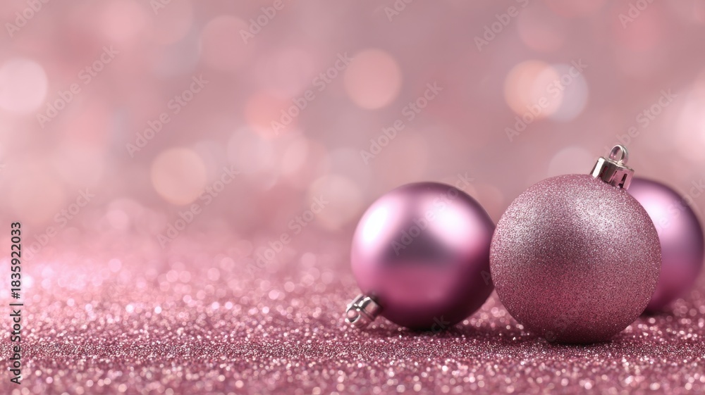 Fototapeta premium Rustic brown and tan cowboy boots with matching western hat arranged beside shiny pink christmas ornaments on a glittering pink abstract background, festive winter holiday decor scene symbolizing the