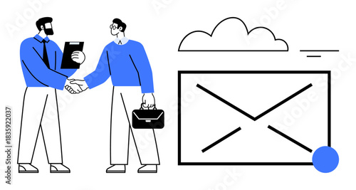 Email communication. Two business professionals shaking hands partnership. Email communication through envelope and cloud technology. Ideal for teamwork, tech, networking, business communication