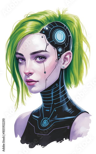 Futuristic cyberpunk woman portrait with neon green hair and mechanical enhancements