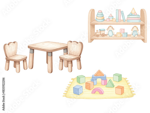 Watercolor Kids Playroom Decor Illustration Set with Toys Furniture Learning Activity Elements