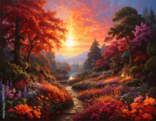Sunset landscape with vibrant forest and stream