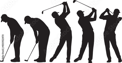 Golf player swing motion sequence silhouette isolated