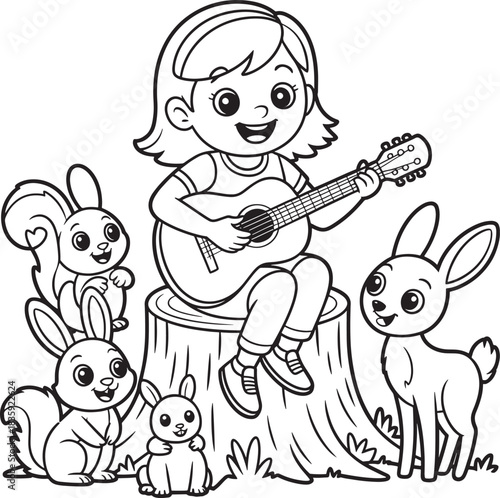Happy girl plays guitar for adorable forest animals