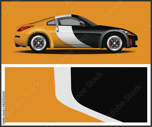 Stylized sports car with unique color blocking on an orange background