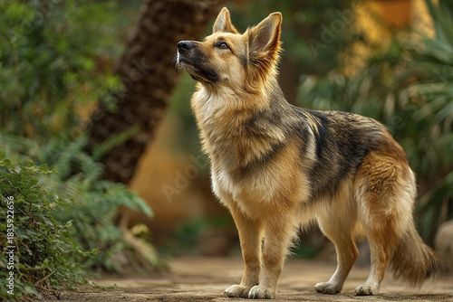 Wallpaper Mural German shepherd dog standing outdoors in garden with lush green plants and curious expression, showcasing its thick fur and attentive posture in natural light Torontodigital.ca