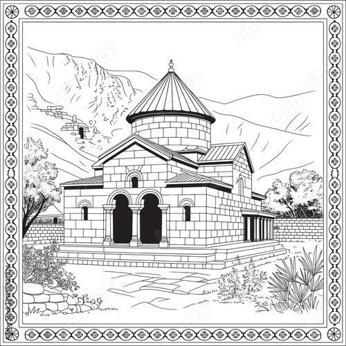 Historic Christian monastery line art for coloring book