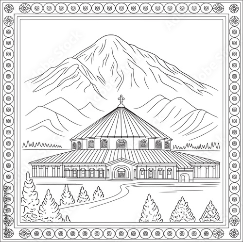Historic monastery line drawing with grand mountains