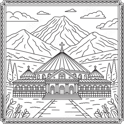 Historic church with mountains in a detailed line art