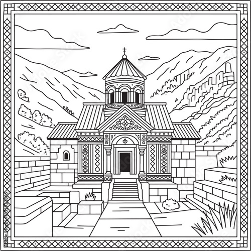 Historical armenian monastery in mountains line art