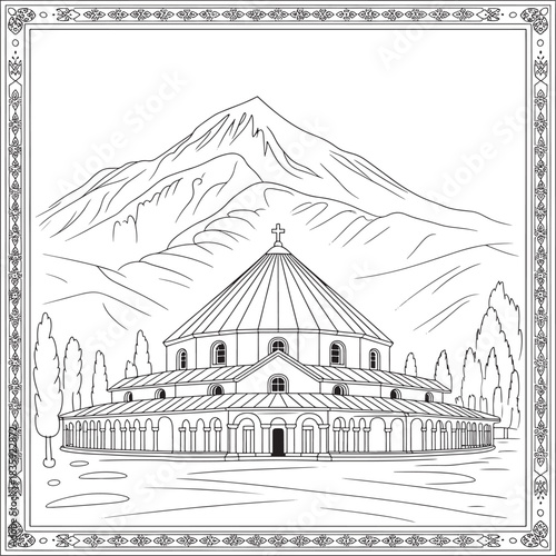 Historic round church in mountain landscape line art