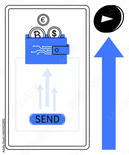 Cryptocurrency, digital payments, fintech, blockchain transactions, online wallets, financial technology. Mobile app screen showing wallet with Bitcoin, Dollar, Euro icons send button and upward