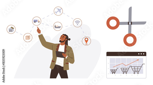 Man interacting with logistics and e-commerce icons connected in a network. Includes scissors, a sales graph, and cart icons. Ideal for e-commerce, logistics, marketing strategy, innovation