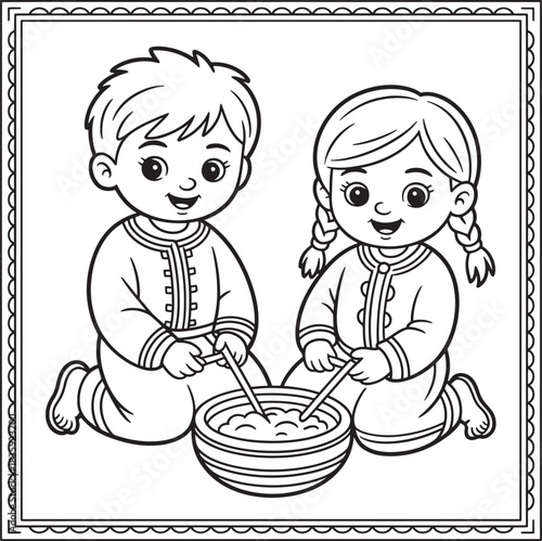 Kids mixing in a bowl, cooking, baking, simple outline