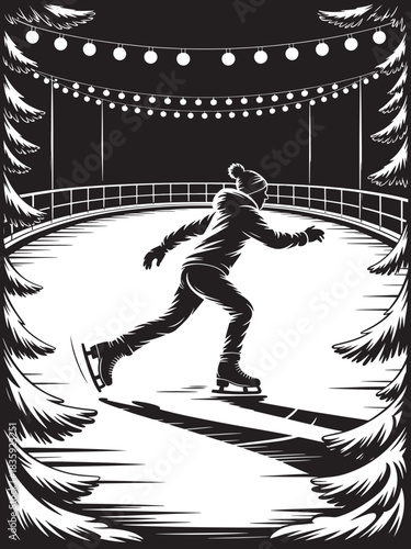 Lone figure skater glides across outdoor ice rink under lights